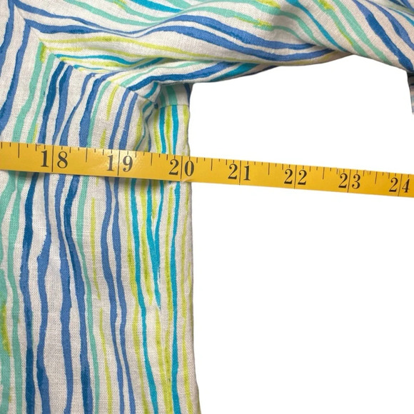 Cathy Linen Blend Blue Green Striped 1/2 Zip Pullover Blouse Roll Tab Sleeve Med - Picture 8 of 10